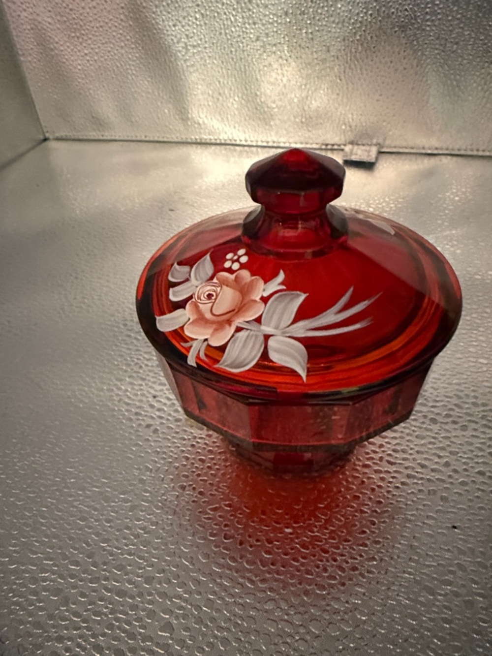 Vintage Red Glass Covered Trinket Dish with Hand-Painted Rose